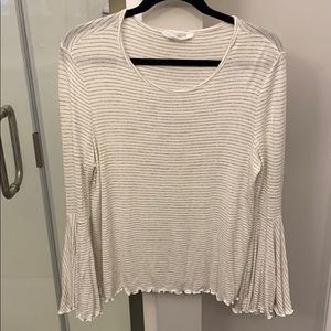 Bell sleeved white and grey striped long sleeve